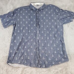 Verdo Linen Cotton Button Down Shirt Mens XL Anchor Print Short Sleeve Blue Top